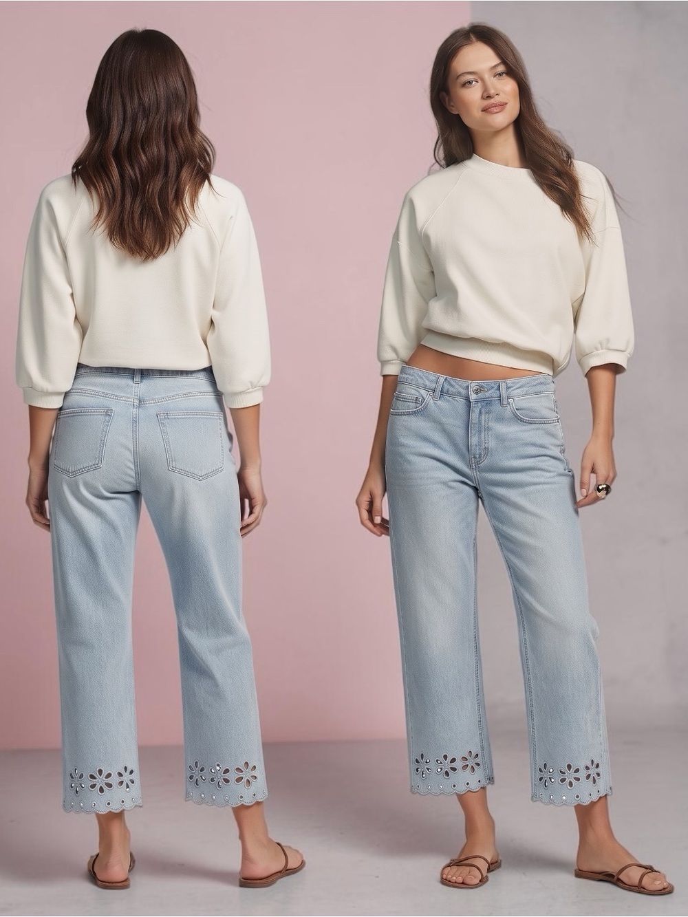 OAT New York Women’s High-Rise Boho Floral Eyelet Crop Light-Wash Jeans 6/28